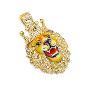14K Yellow Gold & Diamond with Enamel Lion Face Pendant 2.90ctw